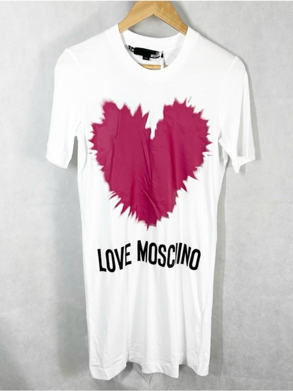 Moschino White Tee Dress with Magenta Heart Graphic